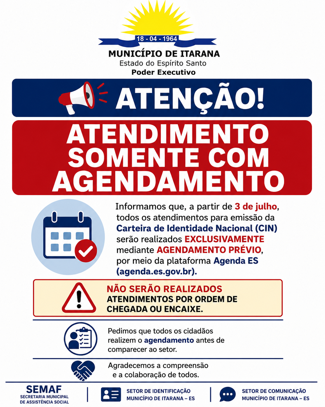 Emissão da Carteira de Identidade Nacional (CIN) passa a ser realizada somente com agendamento prévio em Itarana